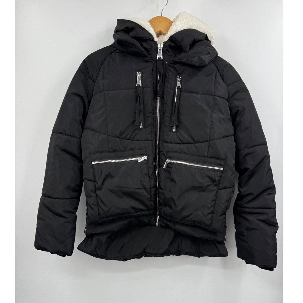 7 For All Mankind Black Puffer Coat Faux Fur‎ Hood Thermal Insulation Size S